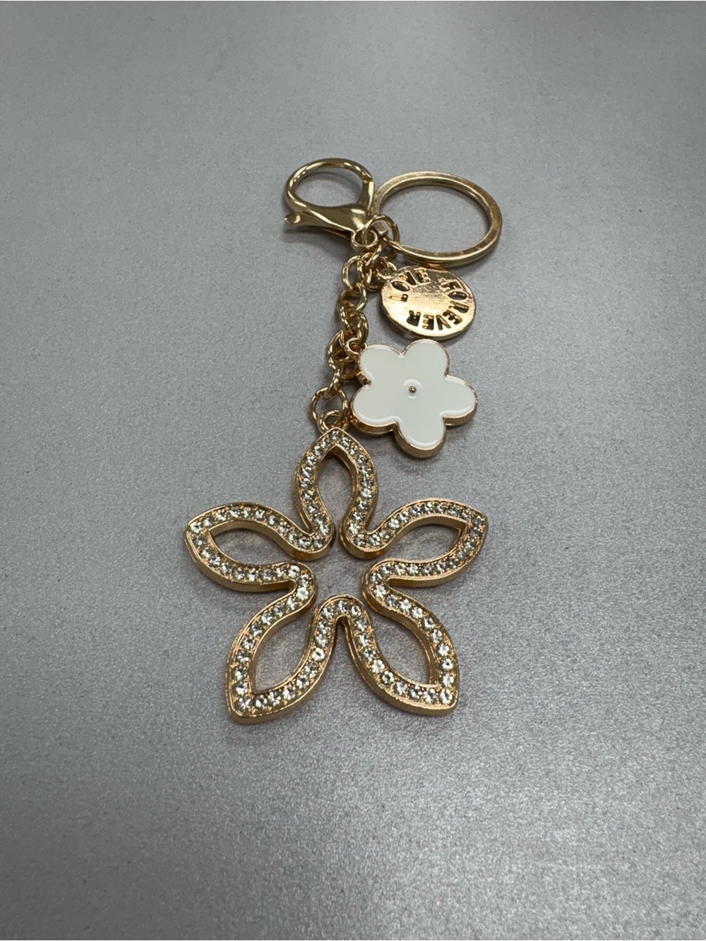 Gold Rhinestone Enamel Flower Charm Keychain Love Forever